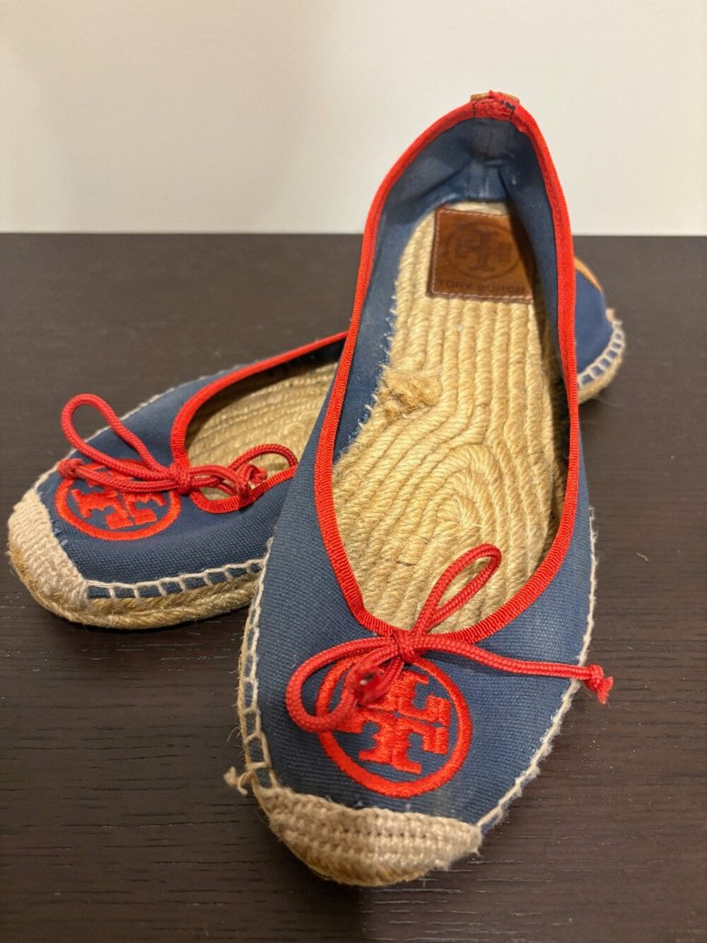 ☀️Tory Burch Weston Navy Blue Canvas Espadrille Flats Red Logo Bow - Size 7